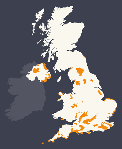 Map showing the locations of National Landscapes across England, Wales and Northern Ireland